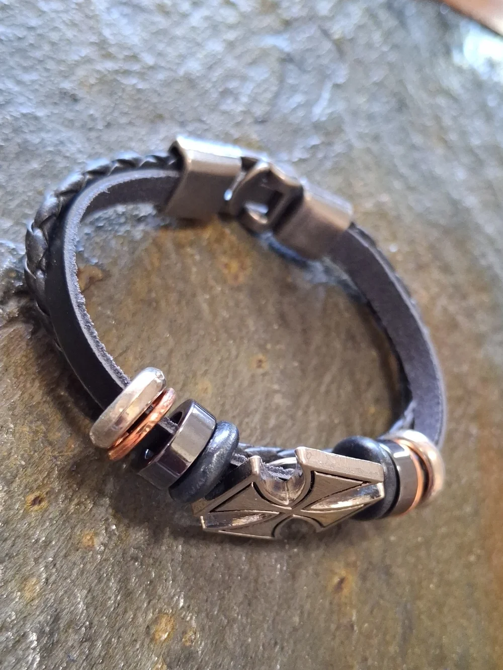 Black Leather Independent Cross with Metal Beads
